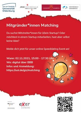 Plakat des Gründer*innen Matching mit allen Infos, die auch im Text zu finden sind