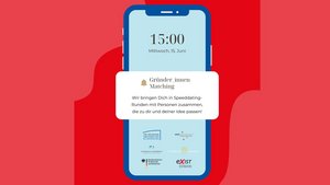 Logo Gründer*innenmatching mit Smartphone im Hintergrund
