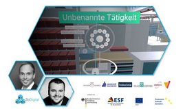 Ein Ausschnitt einer VR-Umgebung mit dem Titel "Unbekannte Tätigkeit", die Logos der Veranstalter und Förderer sowie und je ein sechseckiges Foto der Referenten für die 3. MeetUp-Veranstaltungen 