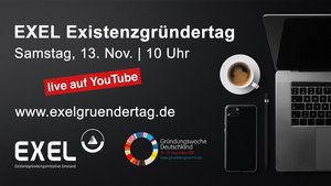 Plakat des Exelgründertages. Ein Macbook, eine Tasse Kaffe, das Logo von Exel.